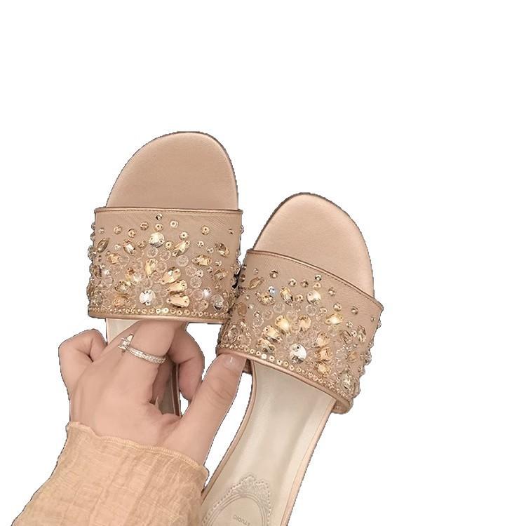 New limited edition crystal drag mesh yarn rhinestone one-word thick heel slippers women's sandals dinner wear women's sequined slippers