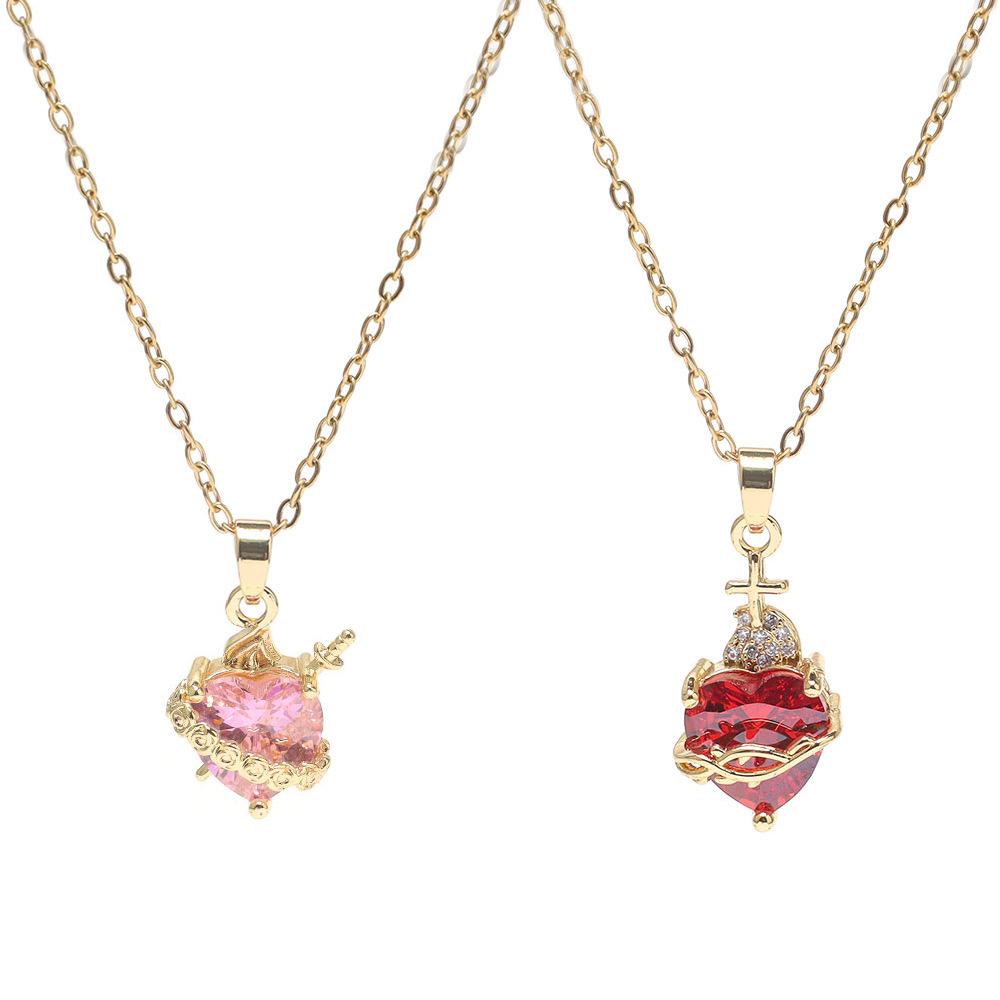 Luxury Pink Zircon Heart Necklace For Women Gothic Sword Go Through Love Choker Elegant Crystal Flower Necklaces Y2k Jewelry