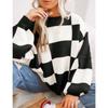 Women's Crew Neck Long Sleeve Knit Top Loose Fit Lazy Casual Sweater Color Block Plaid Pullover Knitwear
