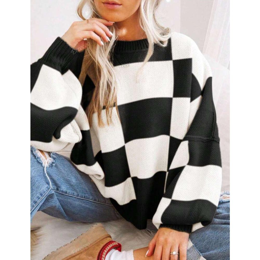 Women's Crew Neck Long Sleeve Knit Top Loose Fit Lazy Casual Sweater Color Block Plaid Pullover Knitwear