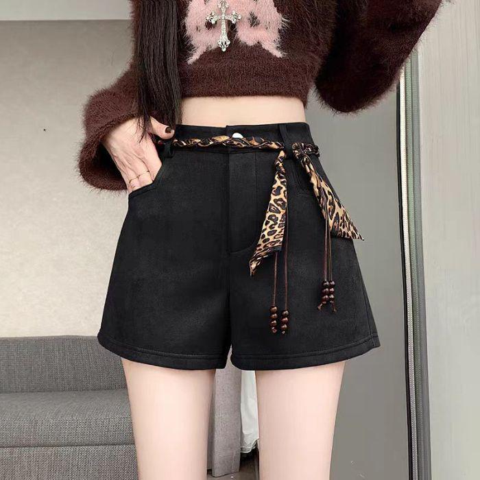 

Women s Coffee Deerskin Velvet Shorts - High-Waisted A-Line Bootcut, Autumn/Winter 2025. Perfect with Boots. S