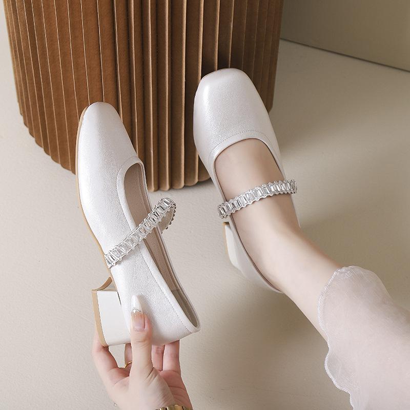 French Thick Heel Rhinestone Mary Jane Shoes Women's 2025 Summer and Autumn New Square Head Shallow Mouth Single Shoes Small Leather Shoes Evening 