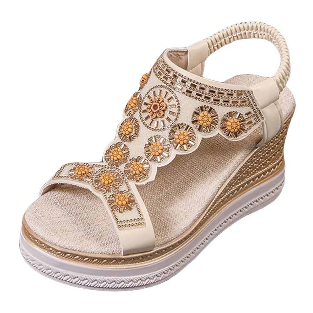 Bohemian Wedge Sandals For Women Thick Sole Plus Size Elastic Band Flip Flops Sandals For Women Dressy Womens Tan Sandals