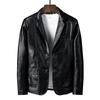 Men's Dark Blue Faux Leather Blazer Jacket with Notch Lapel