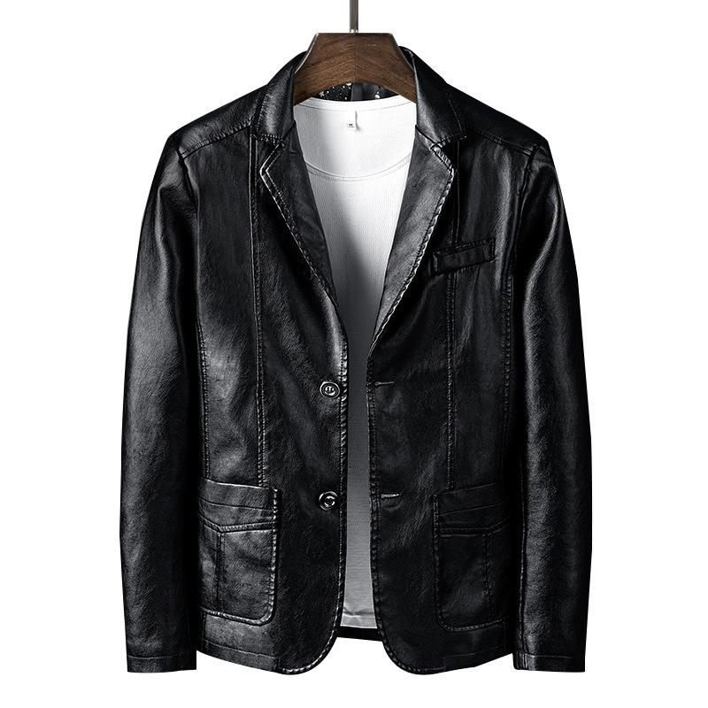 Men's Dark Blue Faux Leather Blazer Jacket with Notch Lapel