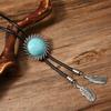 Men's Rodeos Western Leather Cord Bolo Tie Antique Floral Stone Jewelry Cowboy Necktie Necklace with Feathered Pendant