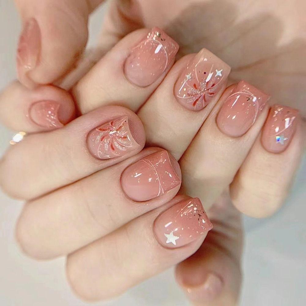 Almond Short Square Head False Nails Manicure Nail Art French Press On Nails Diy with Gel Stickers/Glue Reusable Fake Nails