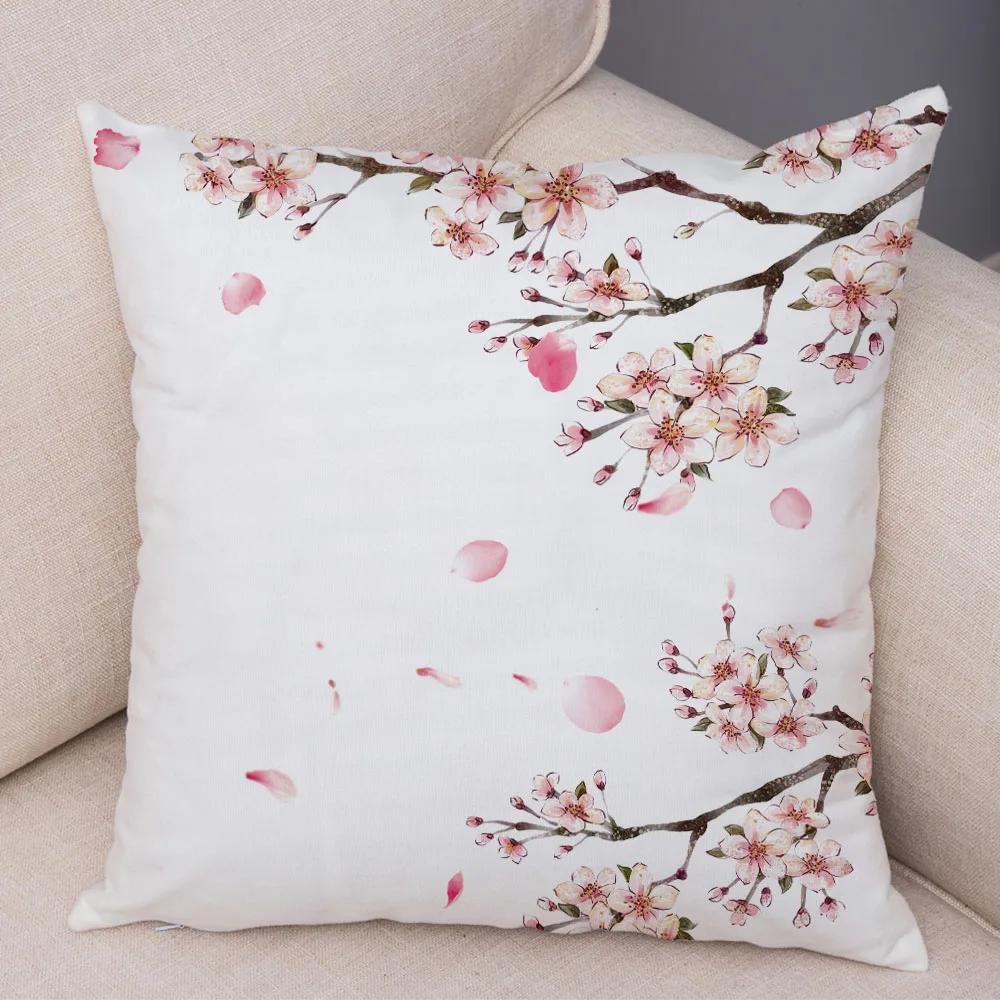 Pink Peach Blossom Cushion Cover Decor Watercolor Cartoon Plant Tree Pillow Case for Sofa Home Car Soft Plush Pillowcase 45x45cm