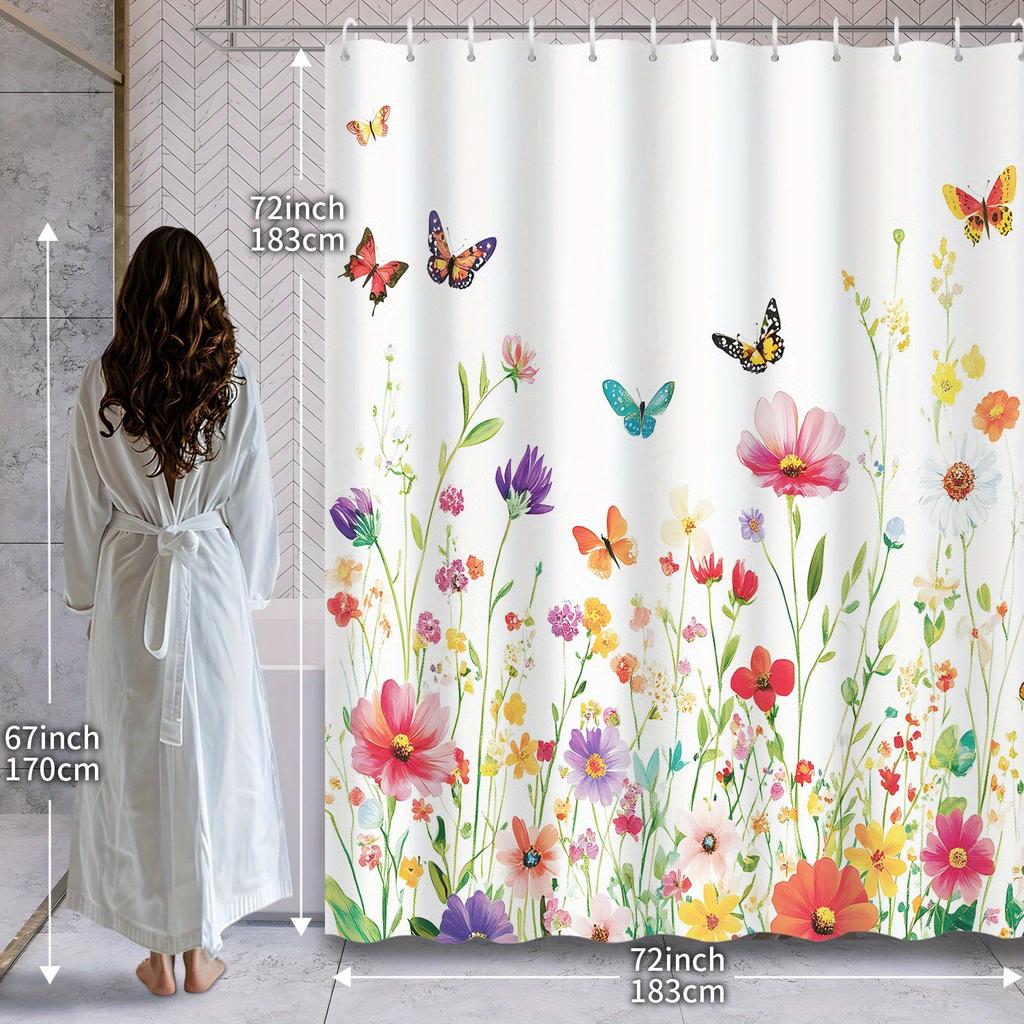 Plant Paradise Shower Curtain - Vibrant Wildflowers & Butterflies, 12 Hooks, Home & Bathroom Decor