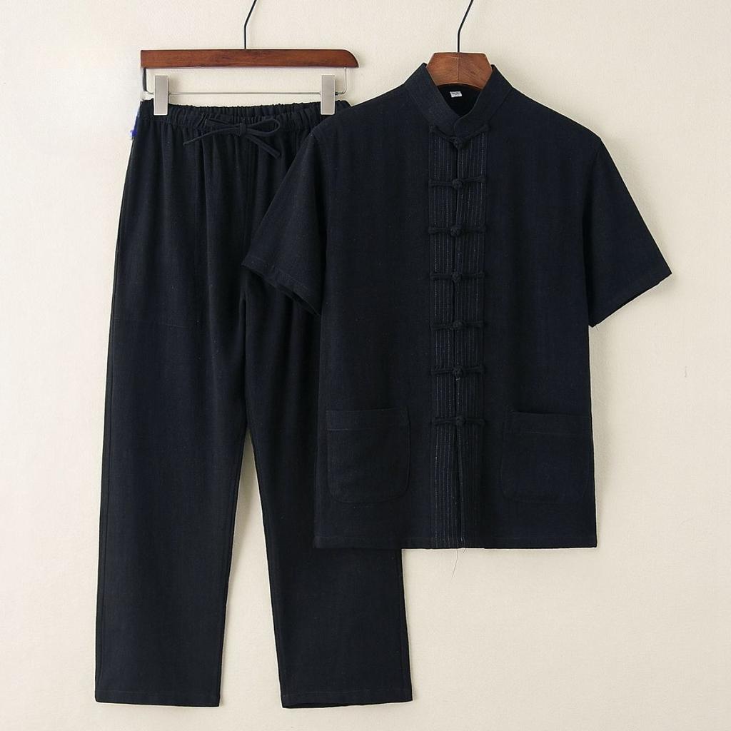 Men's Chinese-Style Summer Cotton-Linen Two-Piece: Retro Embroidered Short-Sleeve Top with Pants, Men's Tang Suit Set