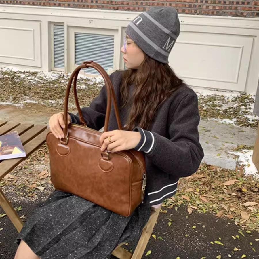 

Студентська сумка для одягу великої місткості жіноча 2024 нова корейська ins ретро нішева одноплечова портативна сумка-тоут коричневий