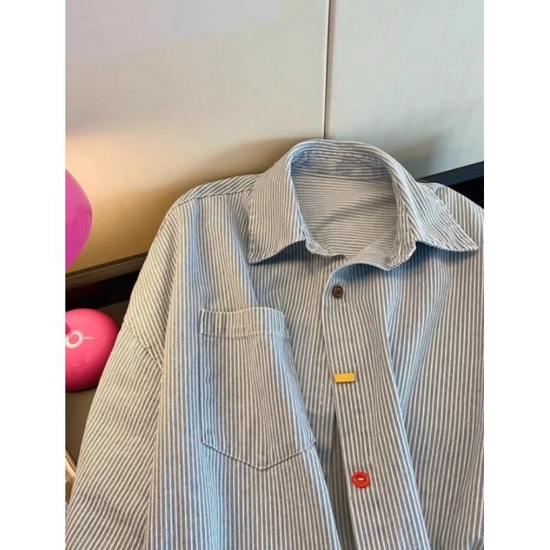 Women's Spring Long Sleeved Vintage Denim Striped Shirt Beautiful Collared Blouses