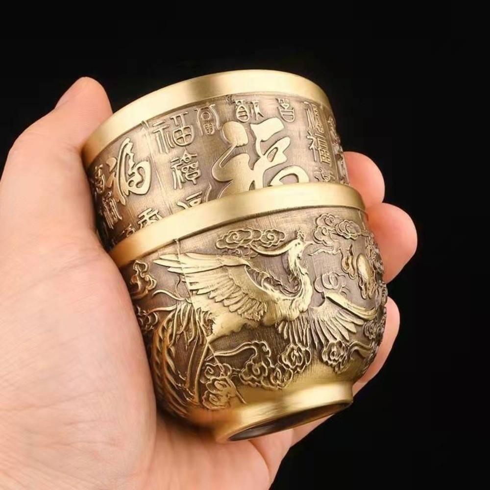 Vintage Retro Dragon Phoenix Cup Traditional Feng Shui Hundred Blessings Cup Desktop Ornament Gold Millet Cylinder Home Decor