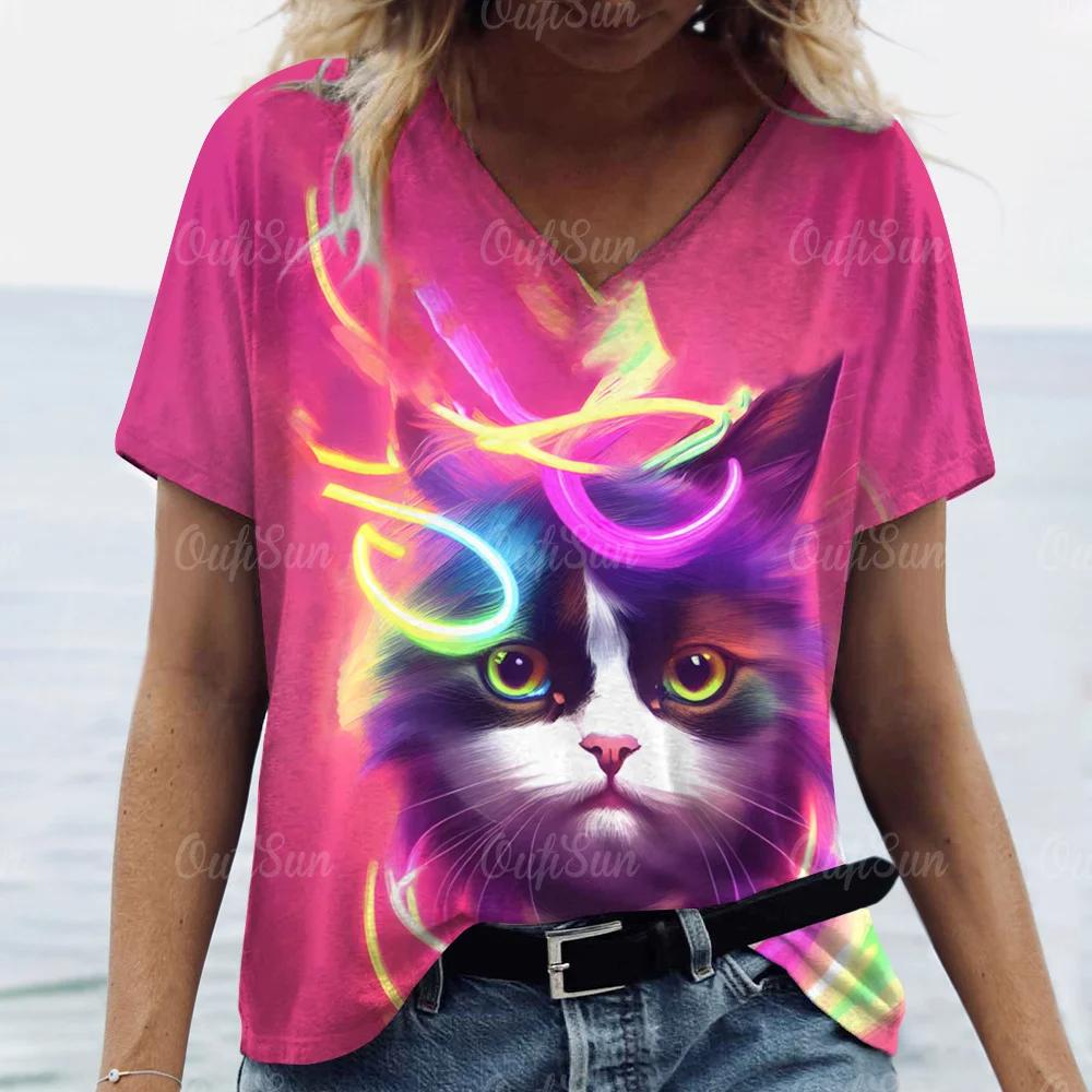 Letni Damski T-shirt Modny Wzór Kreskówkowy Kot Dekolt V Bluzki Koszulki Damska Codzienna Odzież z Krótkim Rękawem Damski Strój Vintage