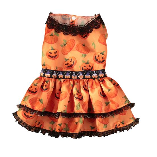 Comfortable Dog Apparel Halloween Pumpkin Dress, Black Lace Neck Outfit, Ruffled Jack-o-lantern Costume Autumn Pet Festive Party for Small Dogs S оранжевый