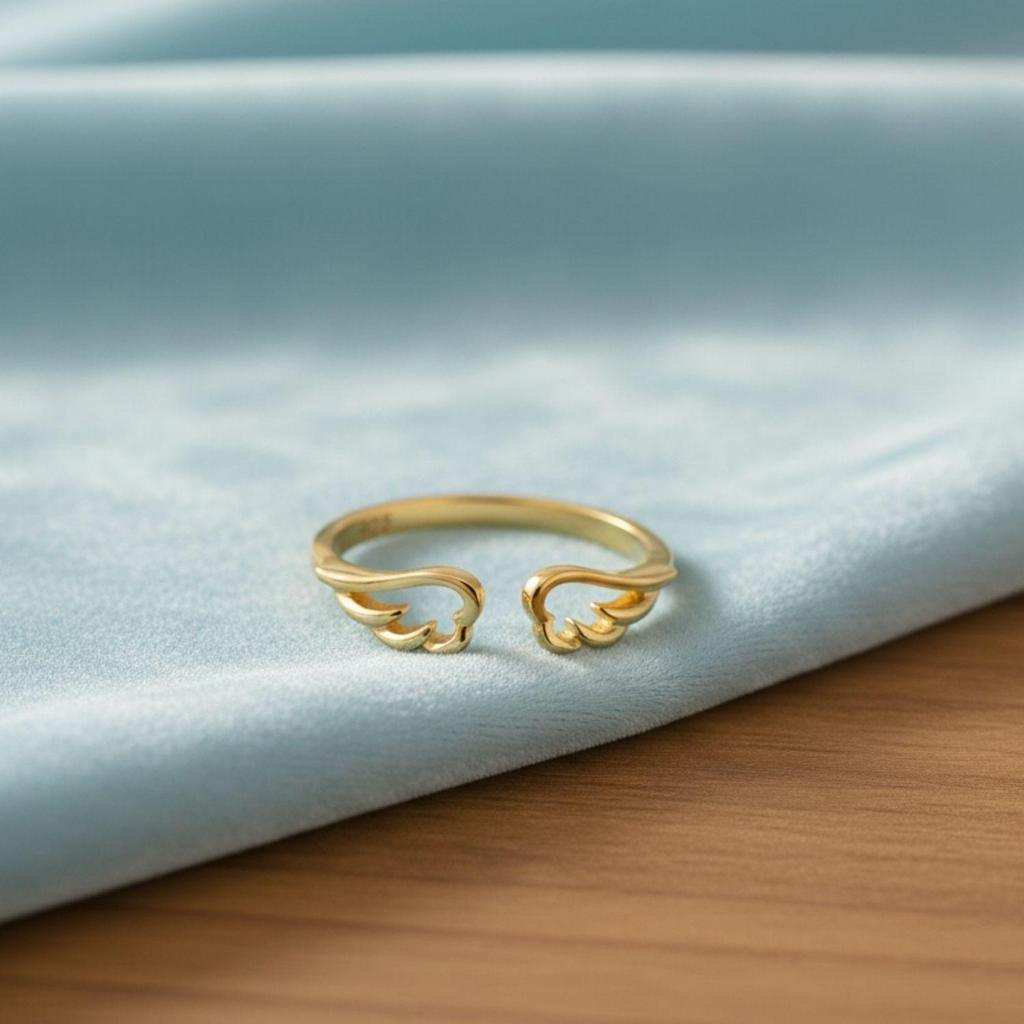 Srebro Próby 925 Złocone Vermeil Otwarty Pierścionek Damski z Regulacją Skrzydeł Anioła