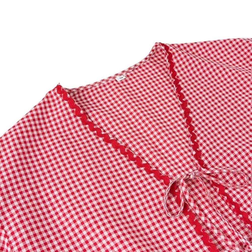 Ruffle Plaid Bowknot Lace Up Blouse Stripe Loose Chic Puff Sleeveless Blouse Tops Spring/Summe