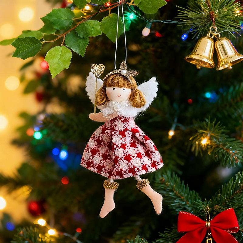 WTEMPO Christmas Angel Girl Doll Decorations Christmas Tree Hanging Ornaments Plush Checkered Skirt Pearl Headwear Doll Pendants Festive Party Gifts