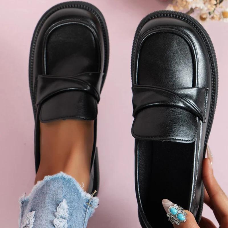 British Style Black Low Heels Work Shoes Ladies Casual Rounded Shallow Mouth Pumps For Women Office Pu Leather Flats Shoes Woman