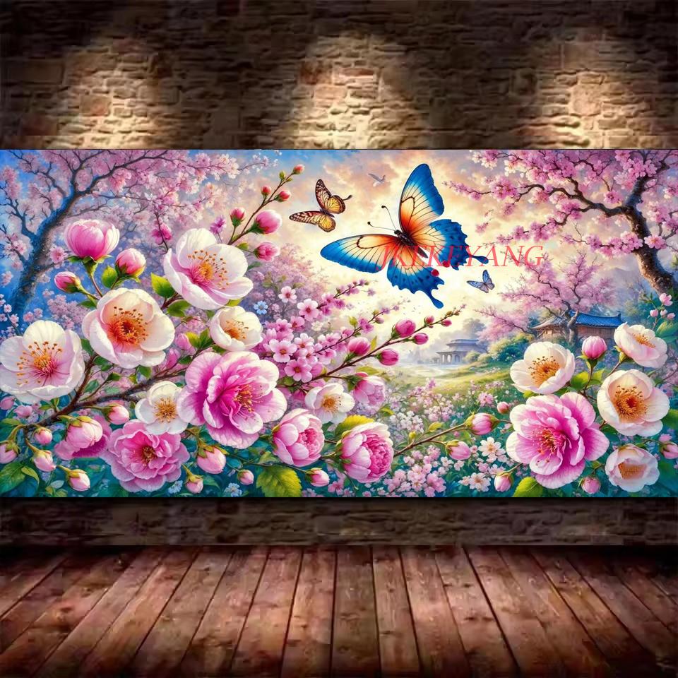 DIY Fantasi Vakker Vår Ferskenblomster Landskap Full Diamantmalingssett Ny 5D Korssting Mosaikk for Slående Kunst