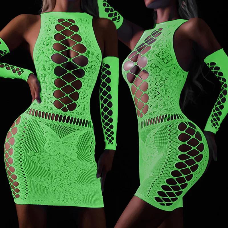 FASHION Plus Size Erotic Curvy Bodysuit Costumes Sex Mesh Babydoll Dress New Luminous Crotchless Bodystocking For Transparent Lingerie