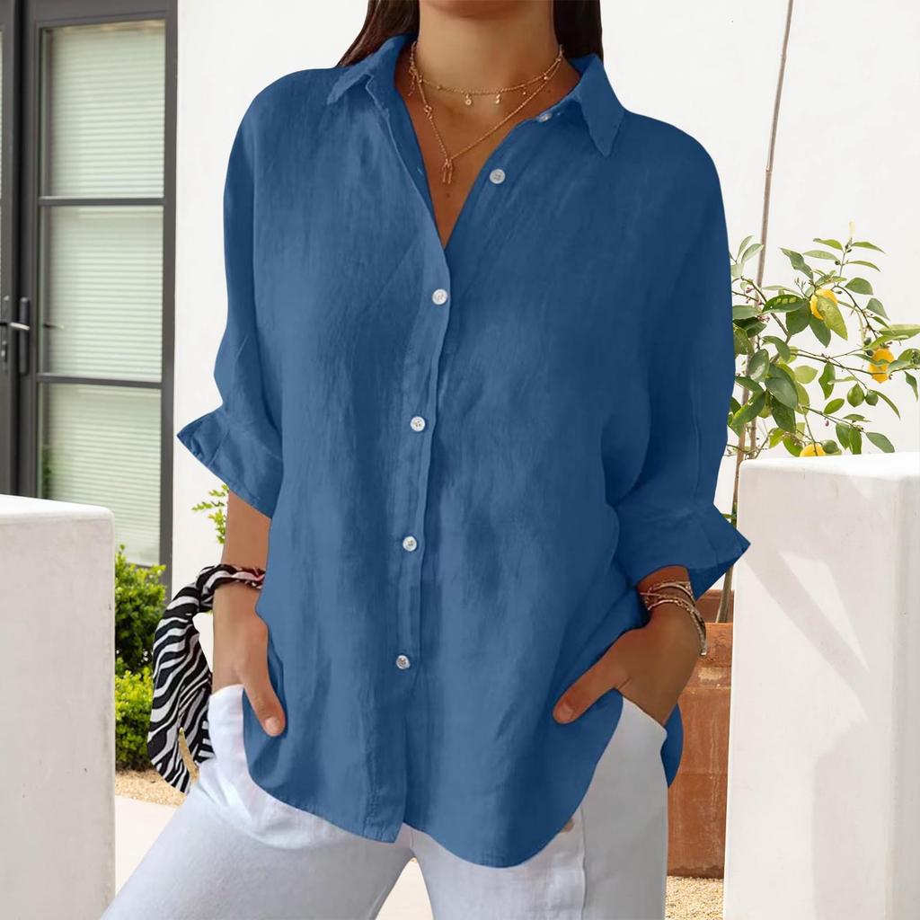 Damen Modisches, einfarbiges, lässiges Spitzen-Shirt mit 3/4-Ärmeln und Revers auf der Rückseite