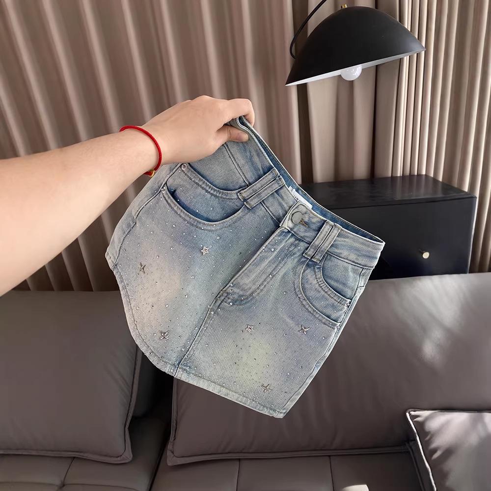 2024 Hot Rhinestone Denim Mini Skirt: Slimming Spicy Girl Summer Style for Women