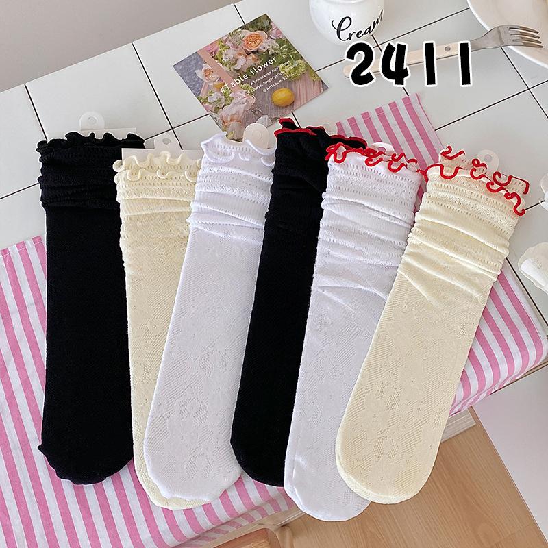 Black Fungus Lace Pile Socks for Women, Summer Hollowed-out Mid-calf Socks, Sweet Lace Lolita Red Lace Thigh-high Socks