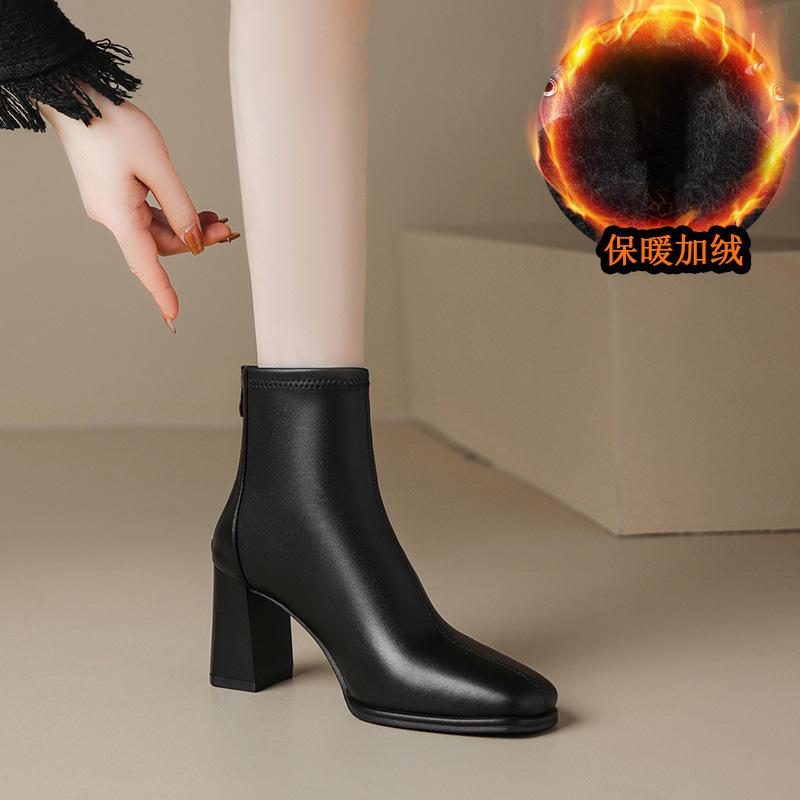 Leather thick heel high heel boots women's autumn and winter velvet new thin boots with skirt white short boots