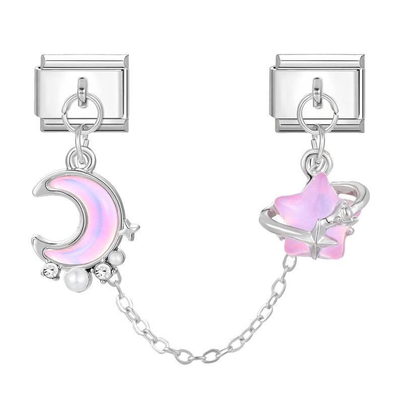 Zircon Bow Knot Moon Butterfly Star Cat Paw Tassel Chain Italian Charm Links Fit 9mm Stainless Steel Bracelet Women DIY Making