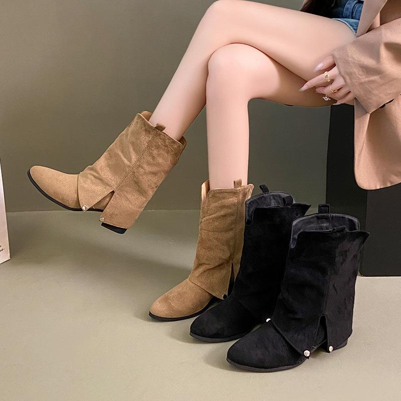 Thick Heel Pointed Western Cowboy Boots Short Boots Women's Shoes 2025 Autumn and Winter Suede with Skirt Pants Boots Skinny Boots