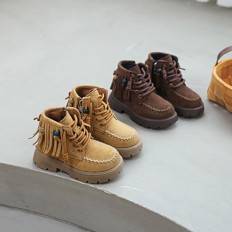 Retro Kids Outdoor Short Boots Spring Autumn Girls Tassel Ankle Boots School Causal Children's Platform Leather Boots