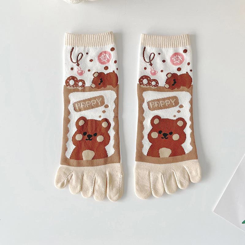 Women's Cute Cartoon Five-Toe Cotton Socks - Breathable, Sweat-Absorbent, Anti-Fungal, Ideal for Spring/Summer, Mid-Tube Length