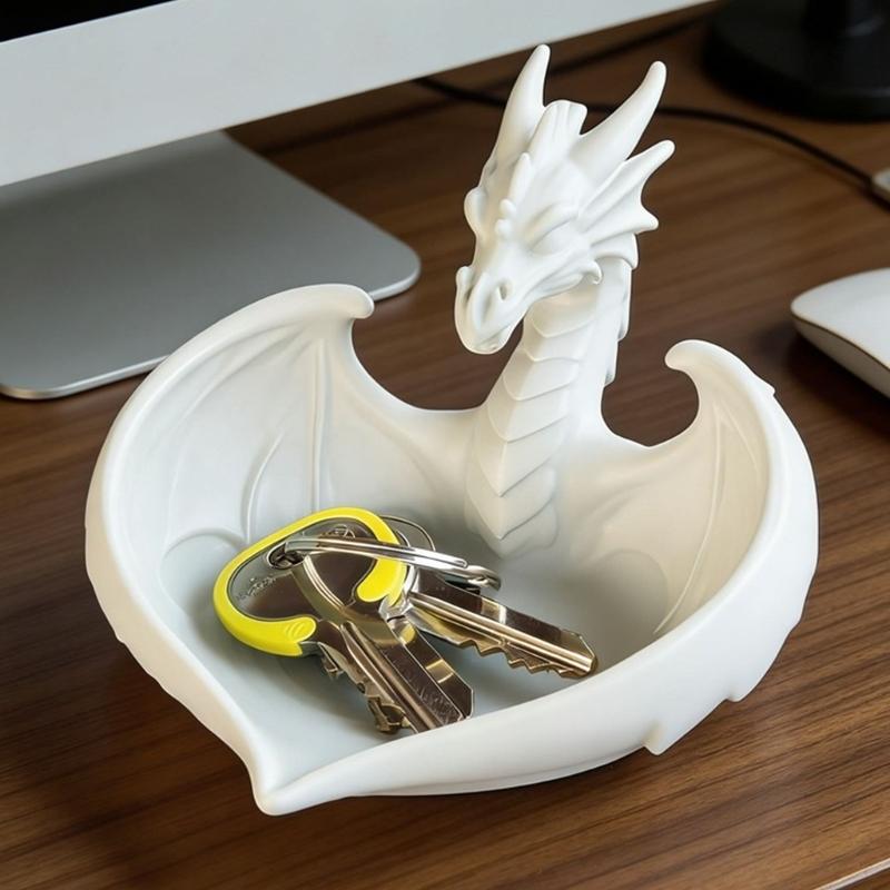 White Jewelry Tray with Dragon Design for Earrings and Small Items, Display Plate for Dresser, Desk, Shelf and Entry Table for Home Use