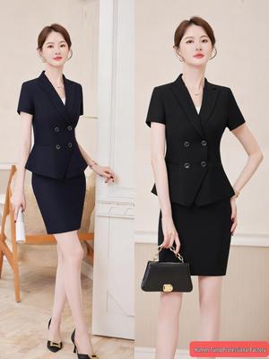 Women's Slim-Fit Summer Short-Sleeve Double-Breasted Suit Skirt Set for Reception or Sales Work