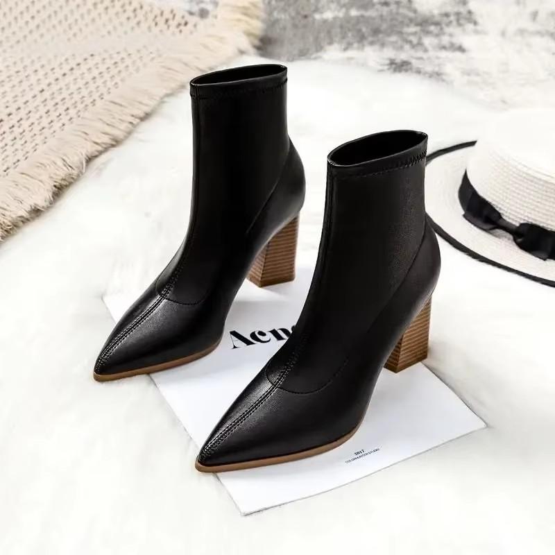 Fashion Ankle Boots For Women's Thick Heel Spring Autumn Single Boots New Pointed High Heels 7CM Nude Shoes Mid-heel Black Botas Mujer