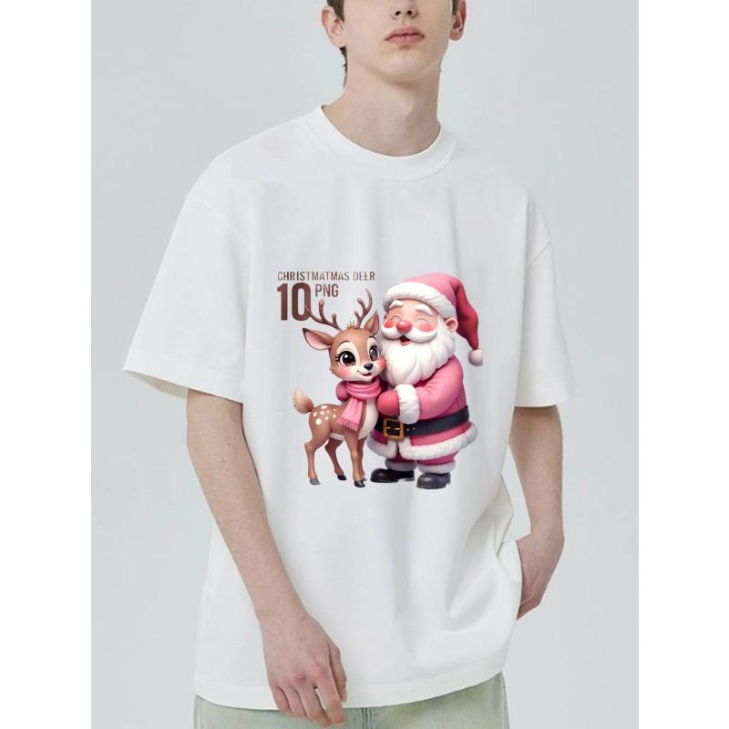 Christmas T Shirt Black Santa Claus and Deer Cartoon Print for Holiday Season