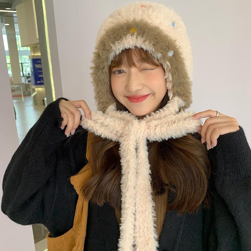 Versatile Button Plush Female Tide Thickened Warm Cute Face Small Wool Hat Knitted Hat