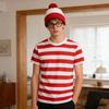 Red White Striped Tee Shirt Set Halloween Glasses Hat Cosplay Costume Fancy Dress Outfit