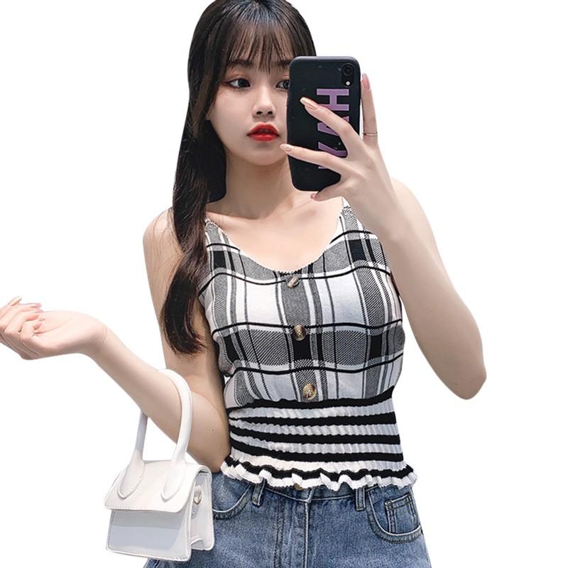Dámské tílko s véčkovým výstřihem a kostkovaným topem, ležérní vesta bez rukávů