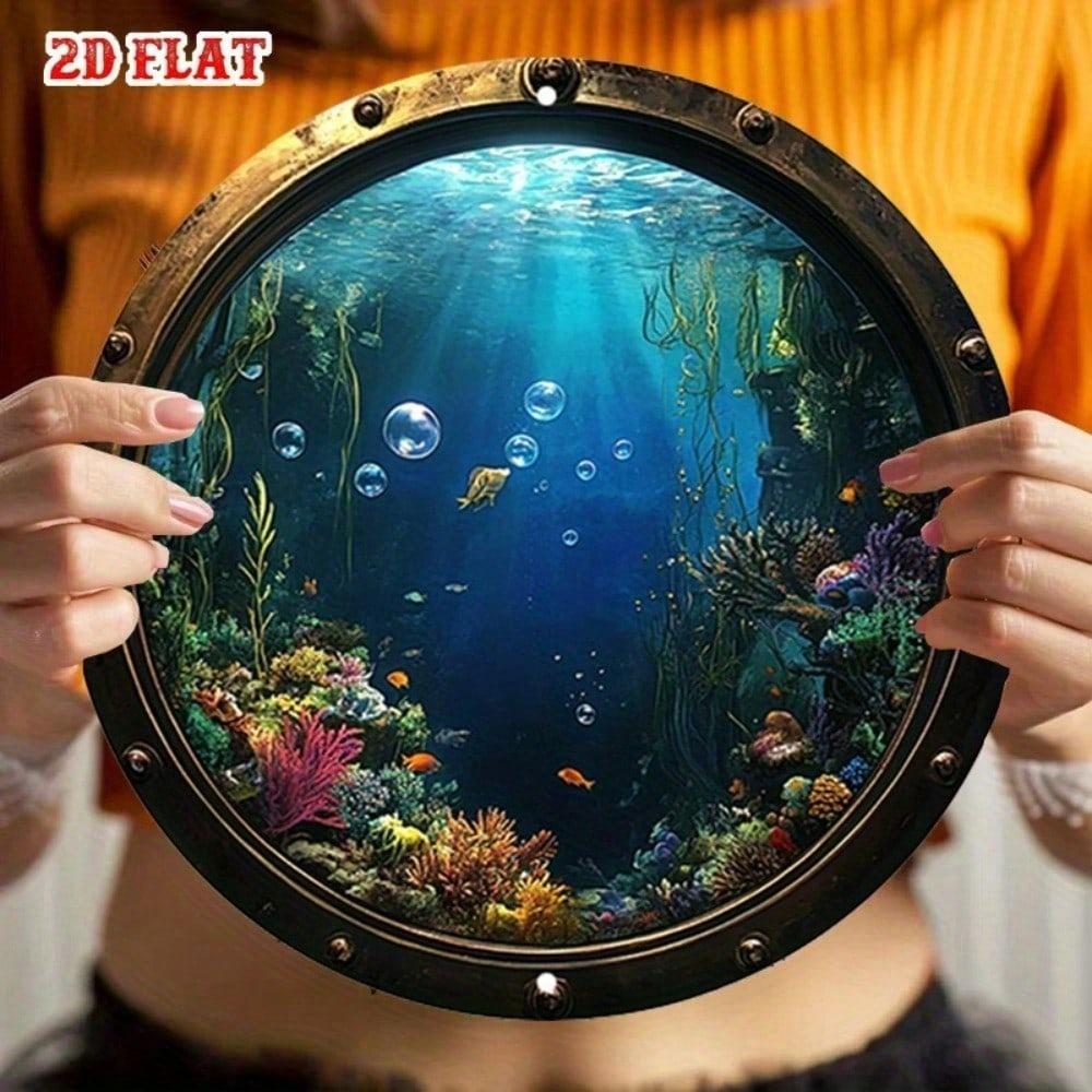 Vintage Nautical Metal Wall Art Round Porthole Sign Underwater Fish Coral Decor