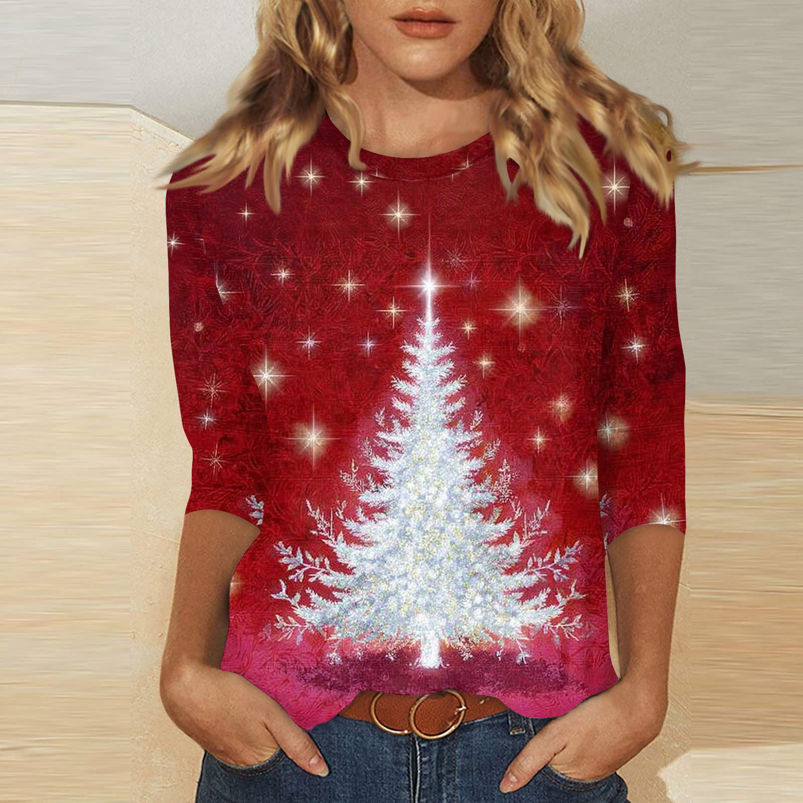 

Женский модный повседневный топ с рукавом три четверти и рождественским принтом, круглый вырез M винный