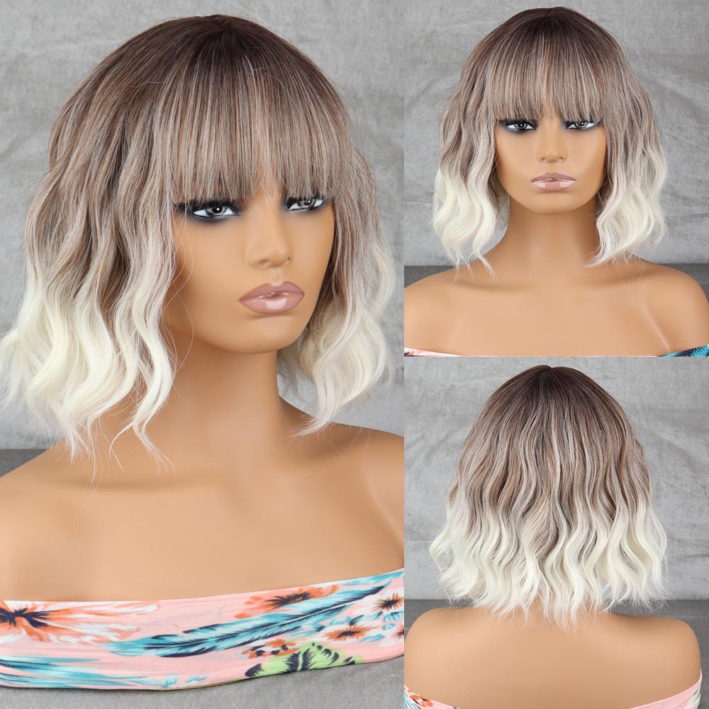 

Синтетичні білі перуки з чубчиком Короткі хвилясті перуки з жароміцного волокна для жінок, щодня 35cm