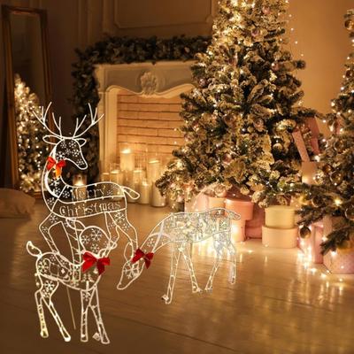 Yousheng Christmas Reindeer Decoration Outdoor Light Up Deer Family with Warm Light 2D Standing Deer for Holiday Yard Garden Lawn Decor