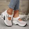 Fashion Breathable Hollow Out Casual Shoes Women 2025 Autumn Thick Bottom High Heel Mary Jane Shoes Thick Bottom Buckle Strap Sneakers