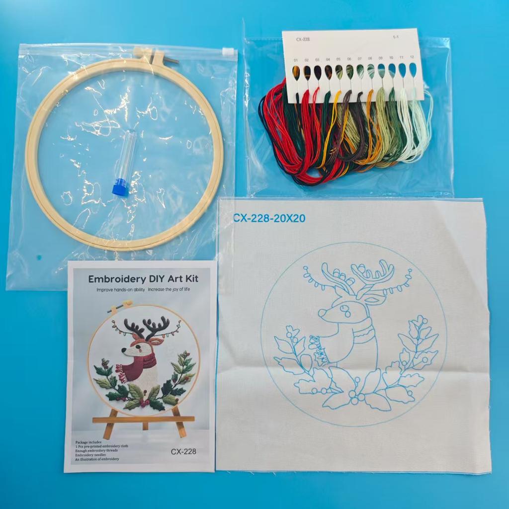 1set Christmas Embroidery KIT Christmas Deer Embroidery Kit English Needle Instructions DIY Embroidery Handmade Fabric Material Kit