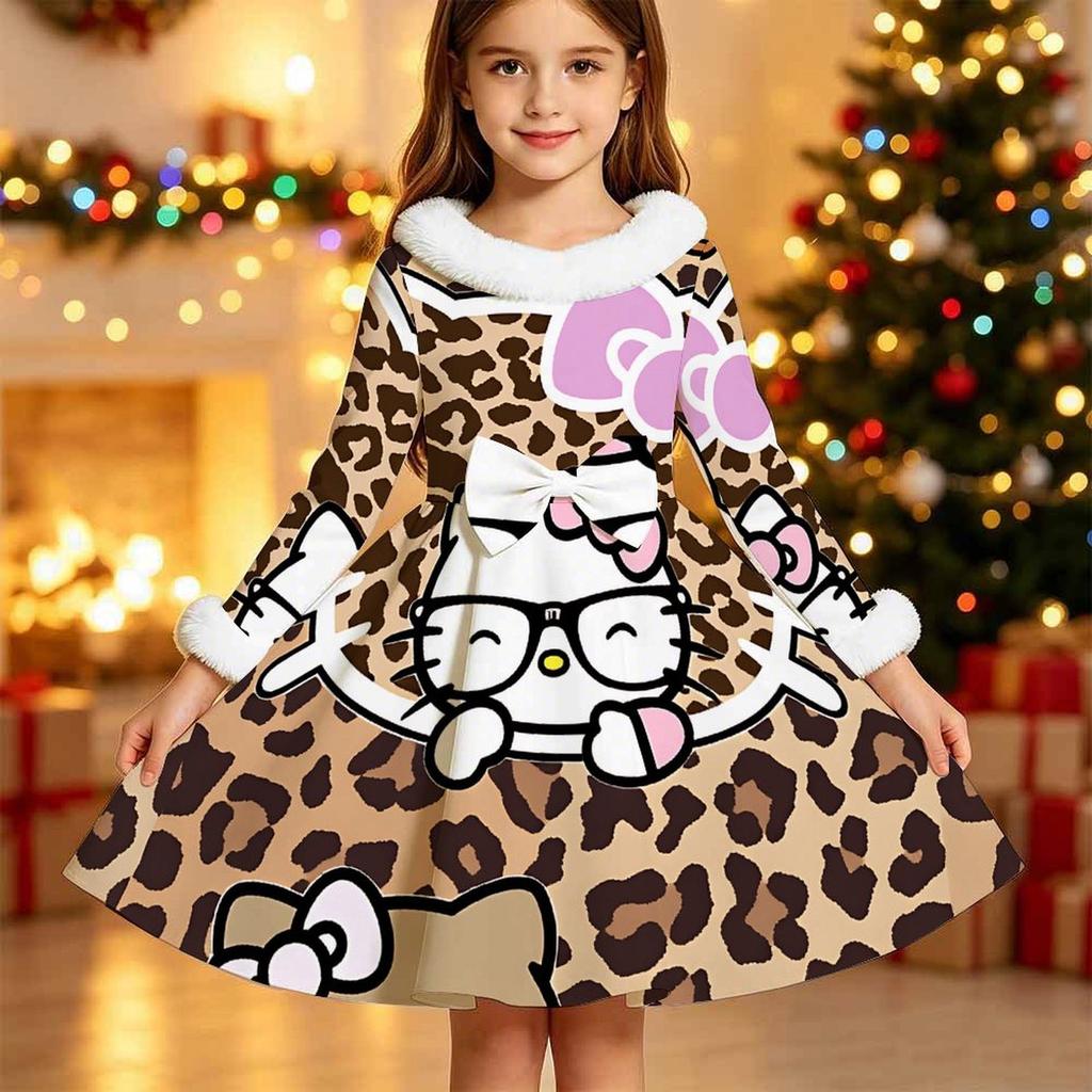 Kids Long Sleeve Christmas Dress, Cute Print Faux Fur Collar Bow Decor Princess Dresses for Girl Holiday Party Wear