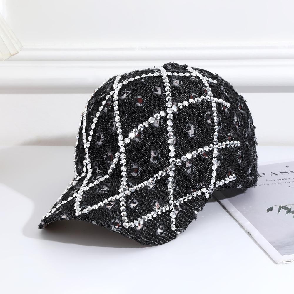 Rhinestone Denim Baseball Cap, Sparkly Diamond Grid Distressed Trucker Hat for Women L чёрный