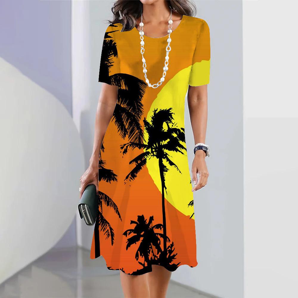 Holiday Leisure Short-sleeved Floral Printed Hawaiian Fashion Loose Swing Skirt Party Women's Sexy Bohemian Dress