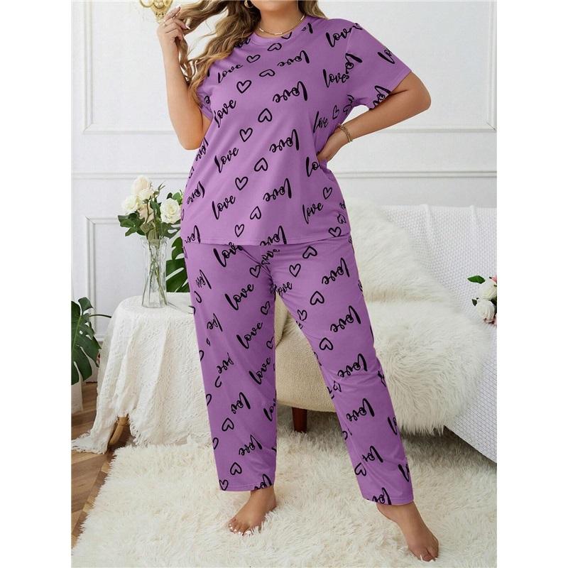 Large Love Love Printed Short Sleeve Pajama Set Loose And Comfortable Two Piece Home Clothes Set